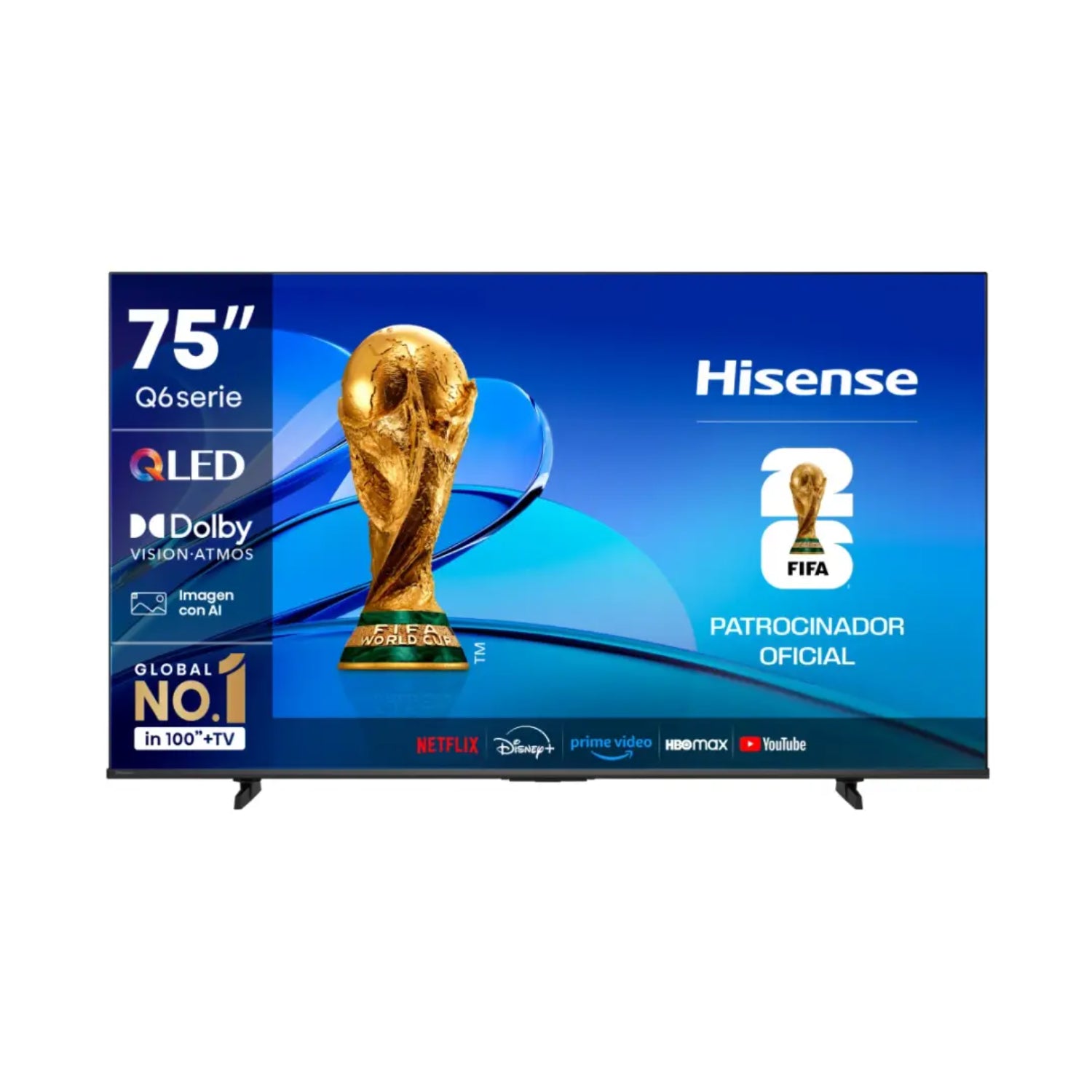 Televisor Hisense 75 pulgadas QLED frontal con diseño inteligente y logos de la FIFA